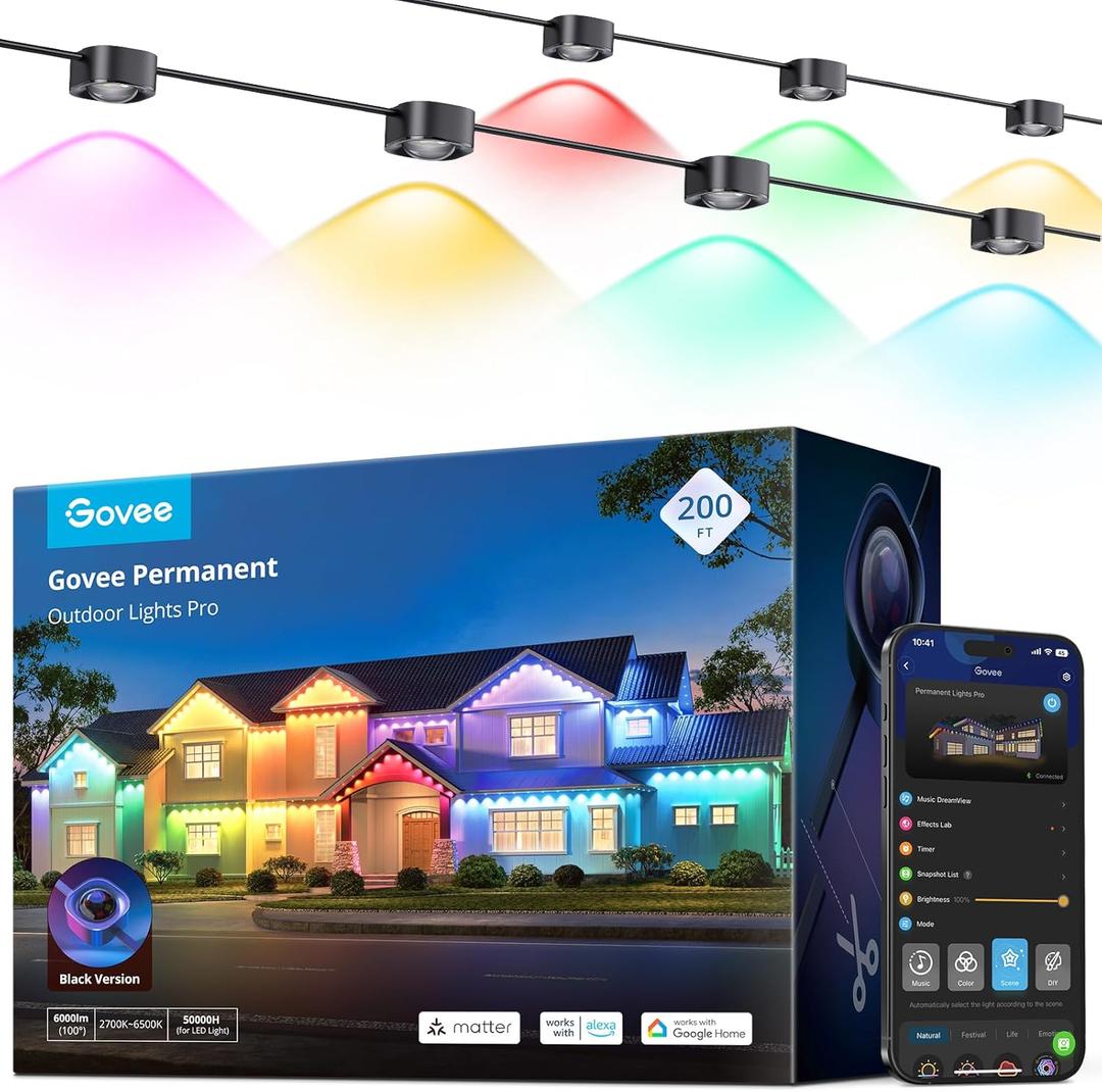 Govee Permanent Outdoor Lights Pro, 200ft with 120 RGBIC LED Lights for Daily and Accent Lighting, 75 Scene Modes for Outdoor Decor, IP67 Waterproof, Works with Alexa, Google Assistant, Matter, Black