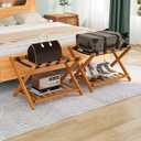 Smuxee Fully Assembled Honey Luggage Racks Pack of 2, Upgraded Bamboo Foldable Suitcase Stand with 5 Nylon Straps, Luggage Holder with Shelf for Guest Room Bedroom Hotel