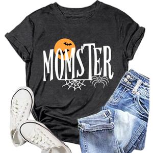 Halloween Momster T-Shirt for Women Funny Spider Bat Tee Mom Ster Letter Print Tee Tops (X-Large, Grey)
