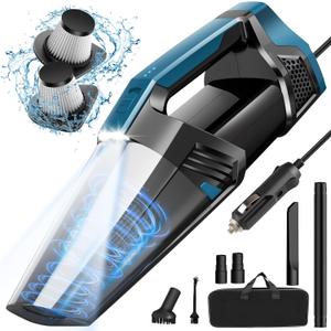 Car Vacuum - Portable Vacuum Cleaner with 16.4ft Cord, Bag, LED Light & Attachments - DC 12V High Power Small Vacuum, Car Accessories (Blue)