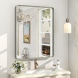 24x30 Inch Silver Bathroom Mirror, Brushed Metal Framed Vanity Mirror for Wall, Rounded Corner Rectangle Mirror, Anti- Rust (Horizontal/Vertical)