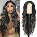 NAYOO Long Black Mixed Blonde Wavy Wig for Women 26 Inch Middle Part Curly Wavy Wig Natural Looking Synthetic Heat Resistant Fiber for Daily Party (Black Mixed Blonde)