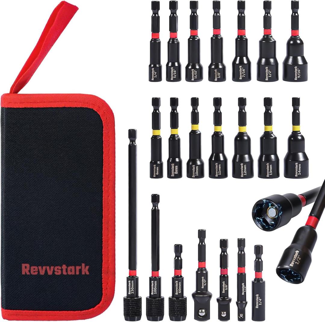 21PCS Magnetic Nut Driver Set for Impact Drill, Driver Bit Set 1/4", Metric & SAE Nut Driver, S2 Alloy Steel, Impact Socket Adapters, Bit Holder, Quick-Release Extensions with Storage Bag
