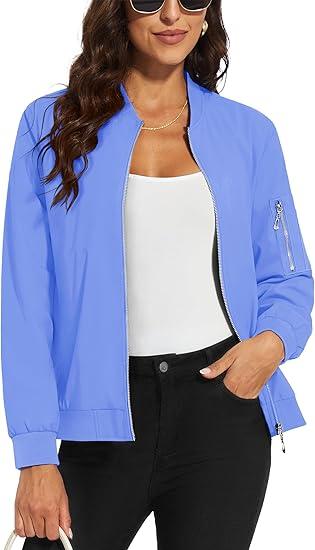 MAGCOMSEN Women's Casual Jacket Lightweight Bomber Jackets 5 Pockets Windbreaker Zip-up Spring Fall Outerwear Size L, Light Blue