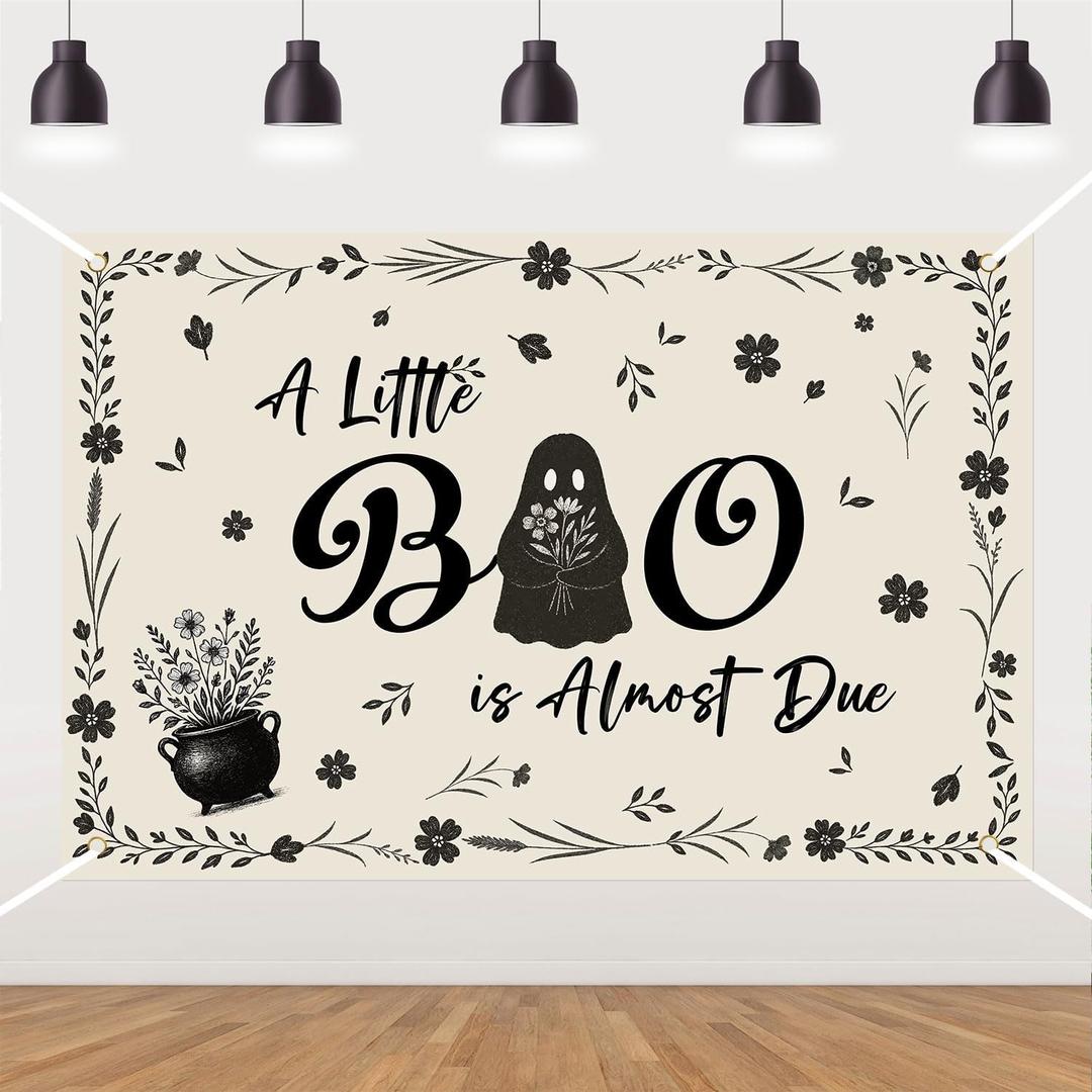 Halloween Baby Shower Backdrop A Little Boo is Almost Due Baby Shower Party Decorations Floral Ghost Photography Background Photo Booth Banner Decor for Halloween A Little Boo is On The Way Party