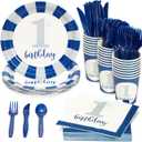 Juvale 144-Piece Baby First Birthday Decorations for Boy, 1st Birthday Theme Party Supplies with No 1. Plates, Napkins, 9oz Cups, and Cutlery, Nautical Blue Color (Serves 24)