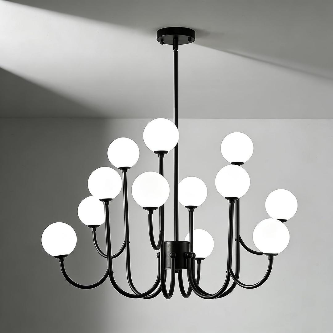 Modern Black Glass Globe Sputnik Chandeliers Light Fixture, 12 Light