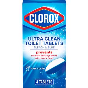Clorox Ultra Clean Toilet Tablets Bleach & Blue, Rain Clean Scent, 2.47 Ounces Each, 4 Count