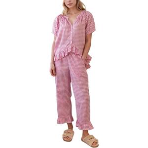 Flygo Women's Plaid 2 Piece Pajamas Sets Gingham Button Down Puff Sleeve Babydoll Shirt Ruffle Pants Y2K Pjs Lounge Set (Large, Pink) Flygo Women's Plaid 2 Piece Pajamas Sets Gingham Button Down Puff Sleeve Babydoll Shirt Ruffle Pants Y2K Pjs Lounge Set (Large, Pink)