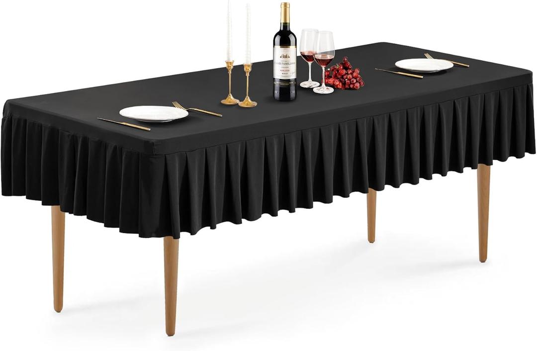 Wish Care Black Spandex Table Clothes for 8 Foot Rectangle Tables Wrinkle Free Stretch Fitted Tablecloths 8ft Pleated Ruffle Elastic Table Cover Skirt for Banquet Dining Outdoor Home Party Tablecloth (96" x 30" (Rectangular))