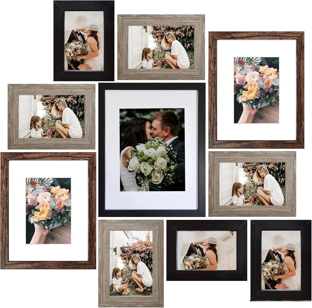SESEAT Picture Frames Collage, Gallery Wall Frame Set with 11x14 8x10 5x7 4x6 Frames in 3 Different Finishes, Set of 10 (Black&Rustic Brown&Light Brown)