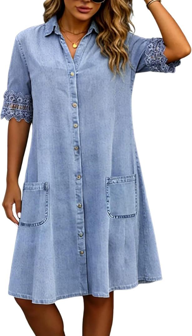 Denim Dress for Women 2026 Summer Casual Lace Trim Half Sleeve Blue Jean Dresses Button Down Shirt Dress Western Outfits