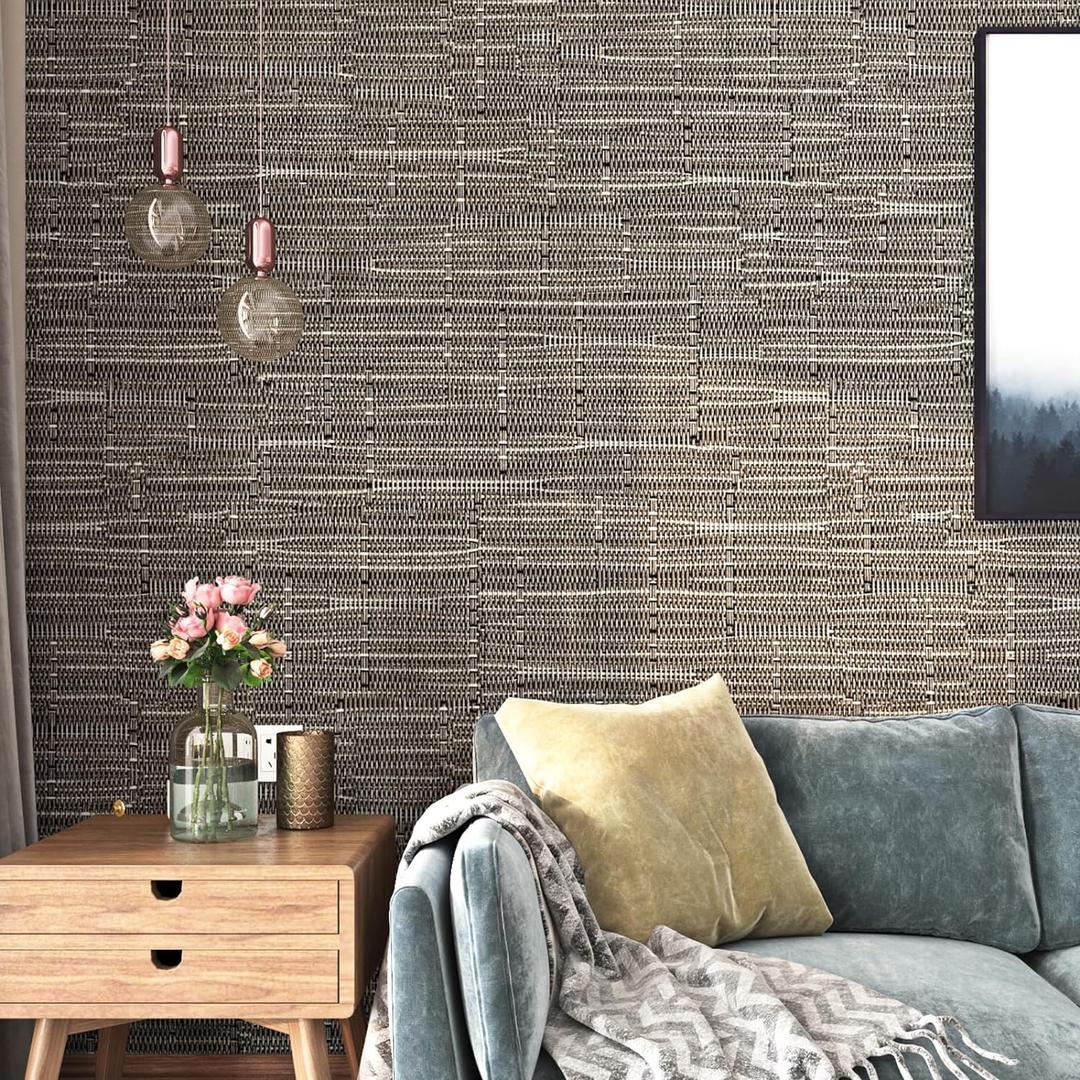 FunStick 24"x200" Thick Brown Grasscloth Peel and Stick Wallpaper Textured Grasscloth Wall Paper for Walls Fabric Contact Paper Waterproof Self Adhesive Renter Friendly Wallpaper for Bedroom Cabinets (Grey Taupe Brown)