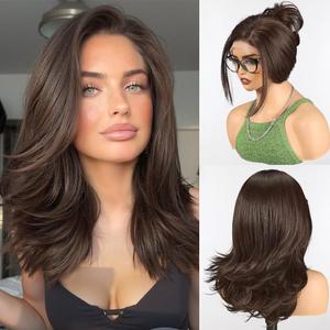 HAIRCUBE Long Wavy Wigs for Women with Partial Bangs, Heat Resistant Fibre Synthetic Lace Front Wig Brown Color