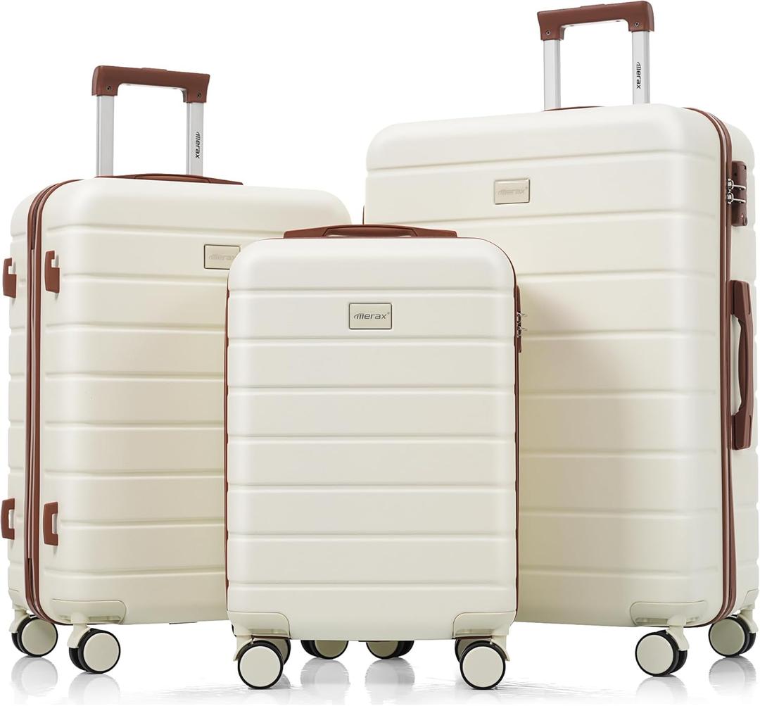 Merax 3 Piece Suitcase Set, Hardside Carry-on, Checked Luggage, Lock, Ivory + ABS, 20/24/28 Inch