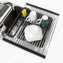 Roll Up Dish Drying Rack Over The Sink, 304 Stainless Steel Dish Drainer, Foldable & Adjustable Sink Drying Rack for Kitchen Sink Counter With Utensil Holder (Black, Roll Up, Medium, Expandable)