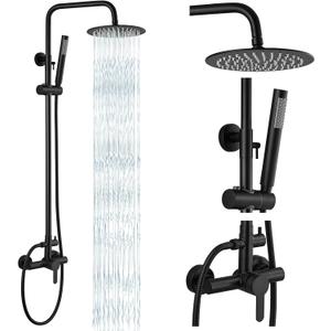 gotonovo Outdoor Shower Fixtures SUS304 Stainless Steel Rain Shower Kit Faucet High Pressure Wall Mount 2 Dual Function 8 Inch Showerhead and Handheld Spray Combo, Single Handle, Matte Black