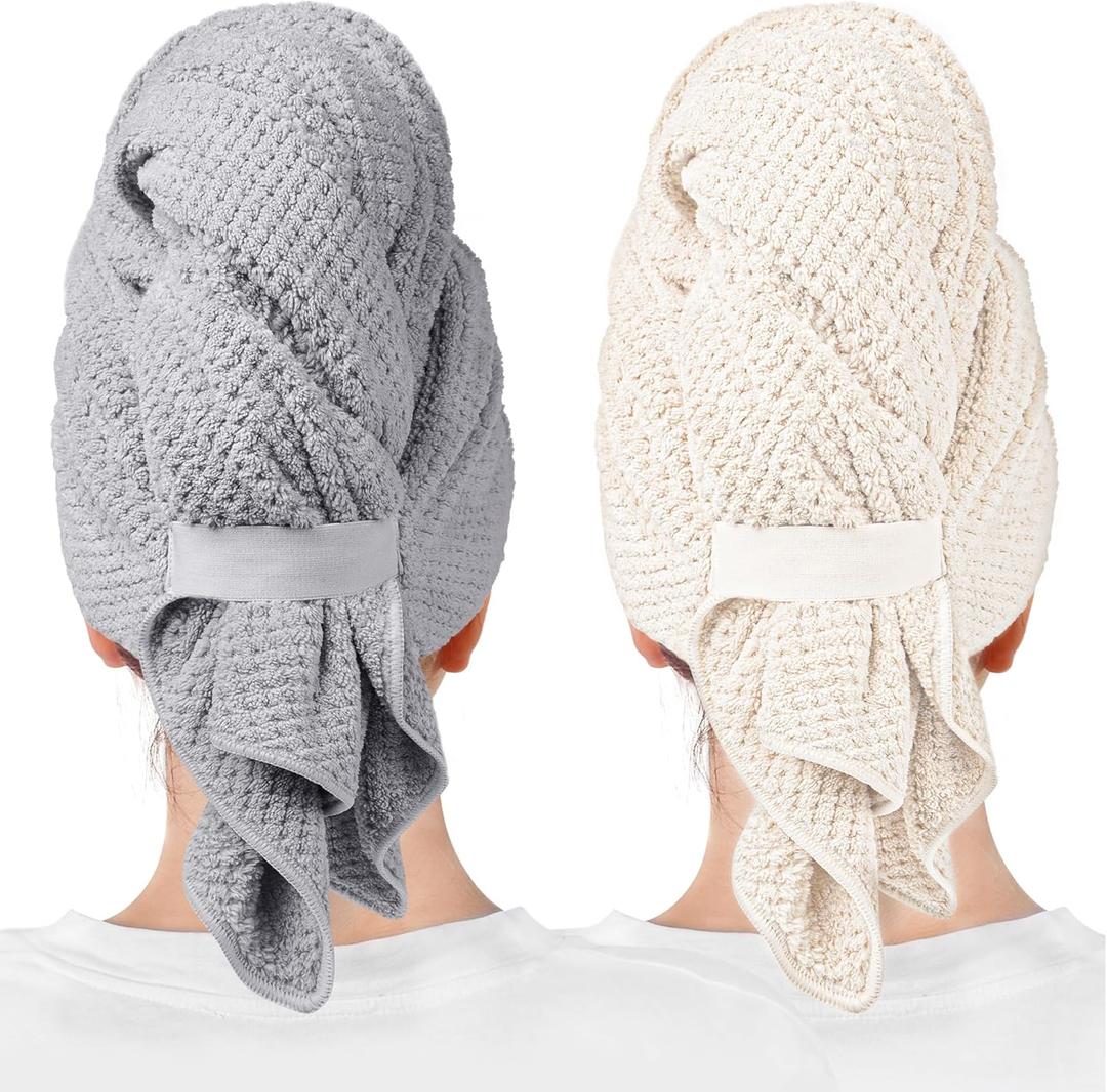 ROLSHOL 2-Pack Large Microfiber Hair Towel Wraps, Super Absorbent & Quick Dry - Anti-Frizz for Wet Curl & Straight Hair - 27.5''*39.4'' (White, Grey)