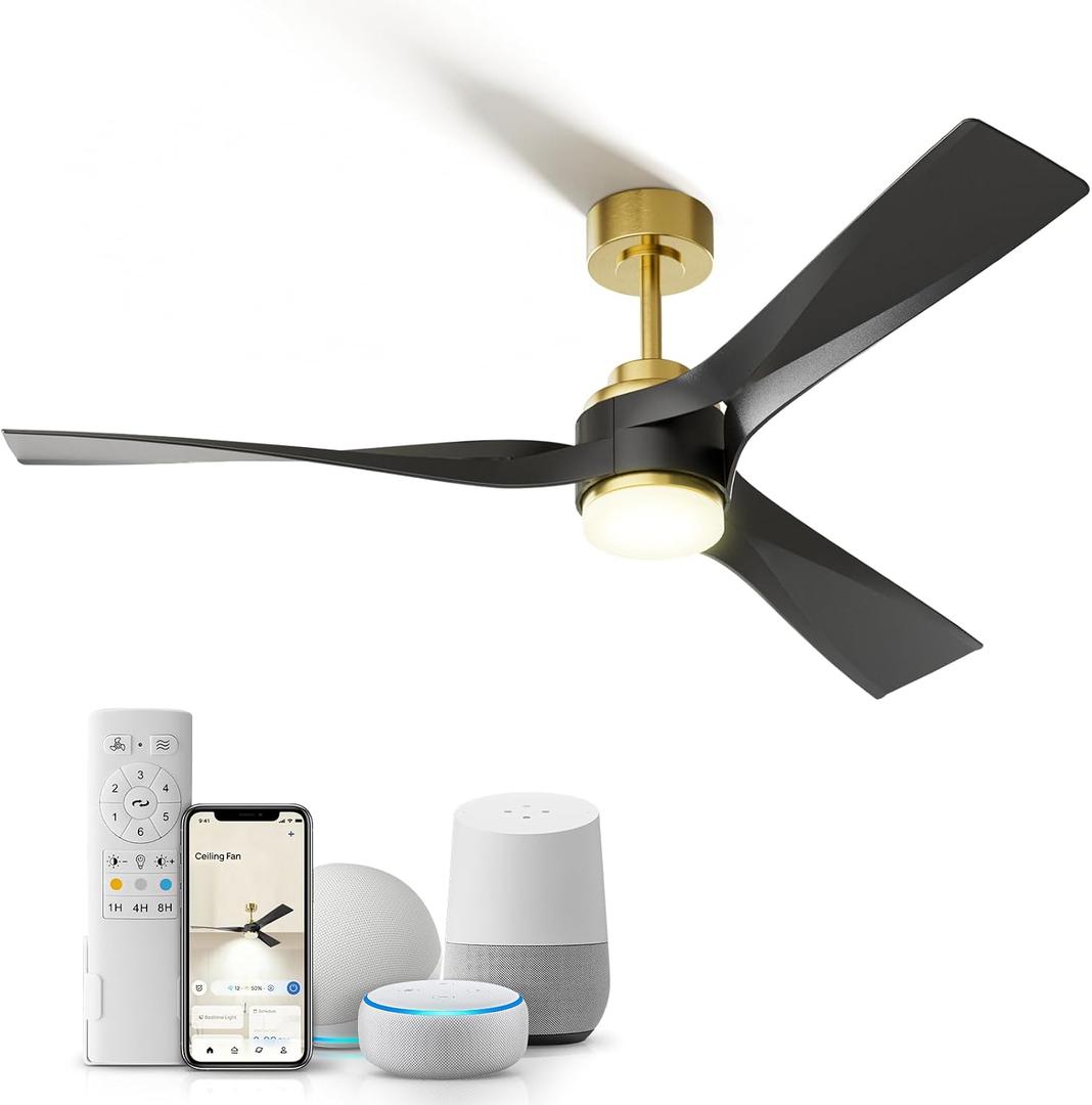 56 inch Modern Smart Ceiling Fan with Light, Black Gold Outdoor Ceiling Fans for Patios with Alexa/Google/App and Remote Control, 3 Blade DC High CFM for Indoor Bedroom/Living Room/kitchen Ceiling Fan