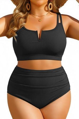 Yonique Women Plus Size High Waisted Bikini - Ribbed Two Piece Swimsuit Tummy Control Bathing Suit V-Wired 2025 Swimwear Black 16W Size L