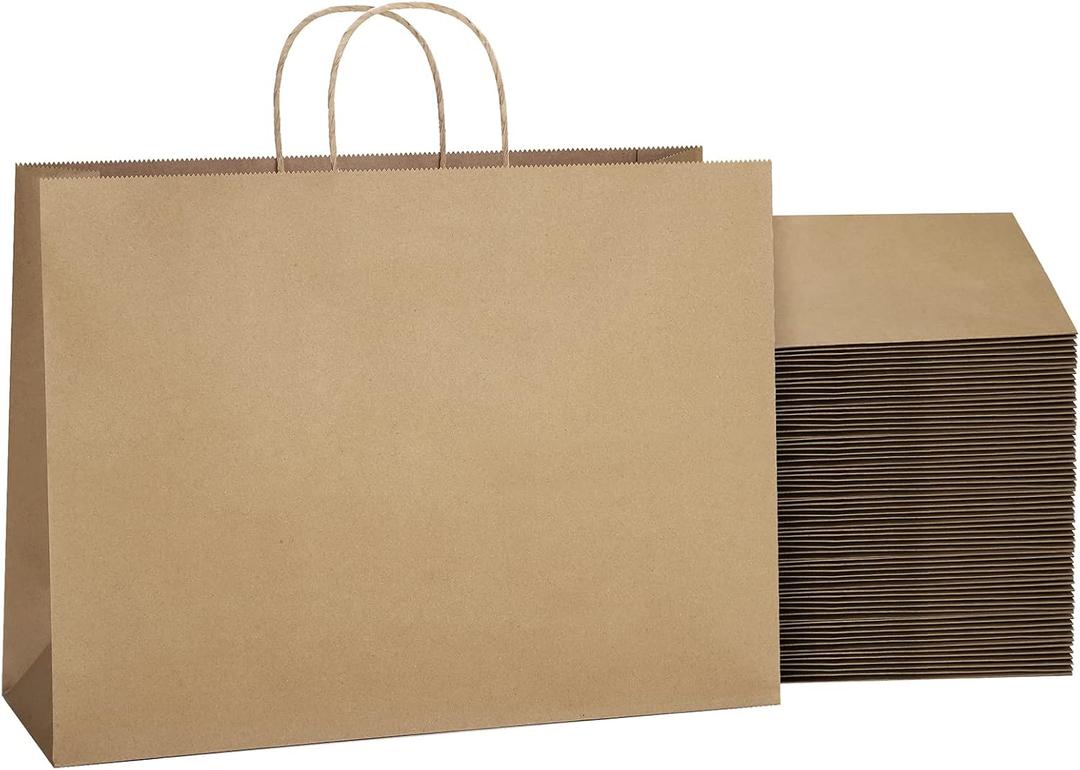 SHOPDAY Brown Paper Bags with Handles, 16x6x12, 25 Pack Large Kraft Paper Tote Bags for Grocery, Business Takeouts