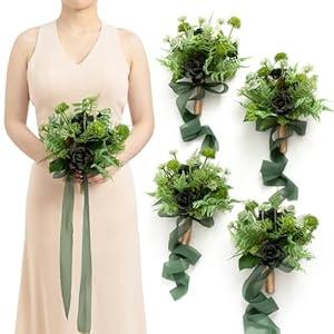 Ling's moment Artificial Flowers Dusty Blue Bridesmaid Bouquet Set of 4, Blue & Ivory Wedding Flowers Bouquets for Bridesmaids, 7 Inch Bridal Bouquets for Bridesmaids, Wedding, etc