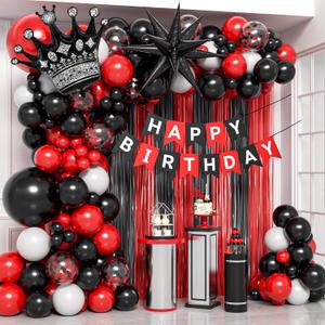 Red and Black Birthday Party Decorations, Red Black White Foil Balloons Banner Fringe Curtains for 16th 18th 21st 24th 32th 40th 50th 60th Birthday Decorations for Men