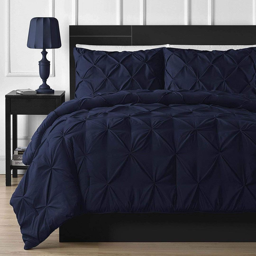 Crown Collection Luxuriate Hotel 1000-TC Hypoallergenic Ultra Soft Design 100% Egyptian Cotton Pinch Plated Duvet Cover with Zipper Colser & 2pcs Pillow Case Set (Super King Plus 120X120) Navy Blue