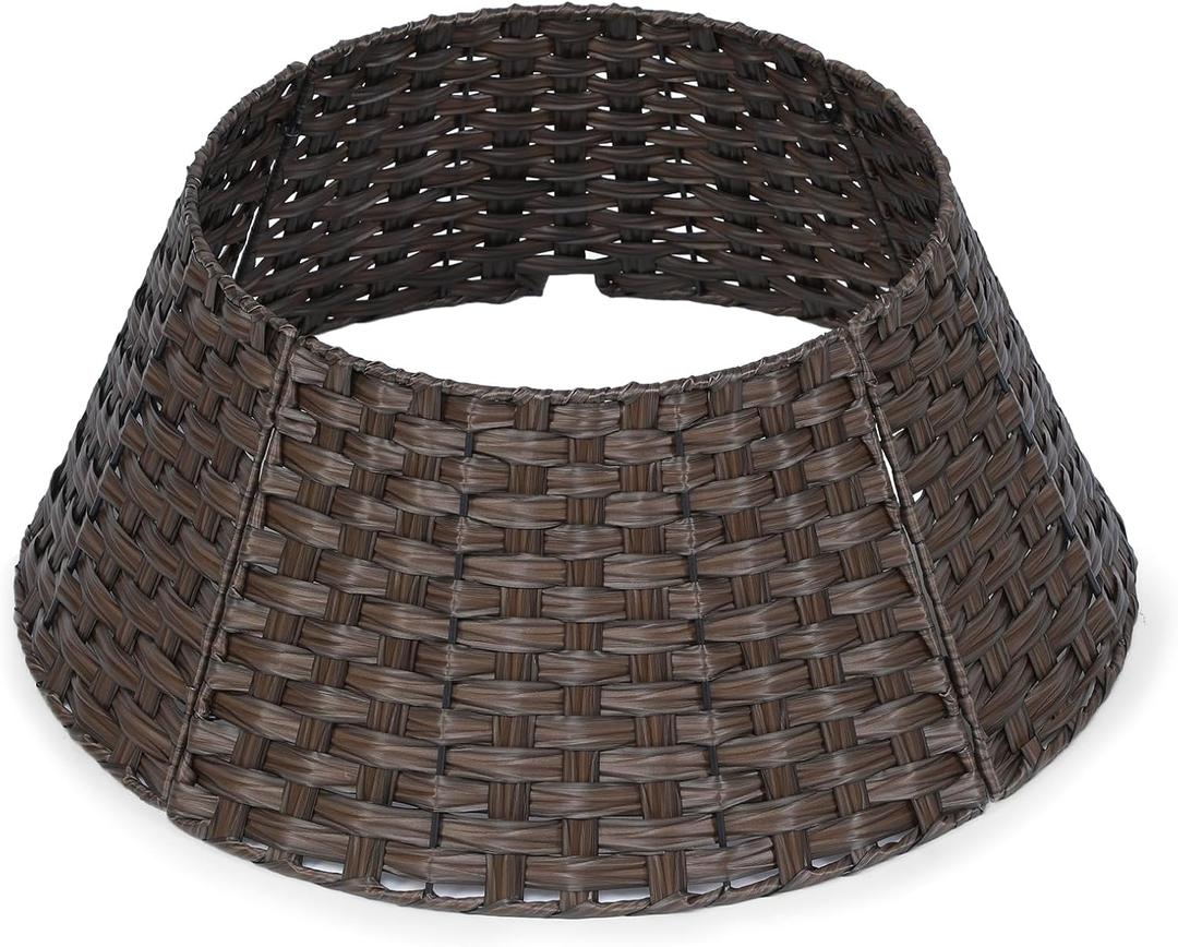 24inch Christmas Tree Collar, Woven Rattan Xmas Tree Collar for Slim Tree with Braided Design & Cord Cut-Out, Tree Base Cover Basket, Fit for 4ft 5ft 6ft 7ft Artificial Christmas Tree, Brown