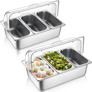 Ziliny 2 Pack Countertop Food Serving Display Container Stainless Steel Food Serving Tray Buffet Condiment Dispenser Display Rack with Clear Roll Top Cover for Buffet (3 Pan and 3 Pan)