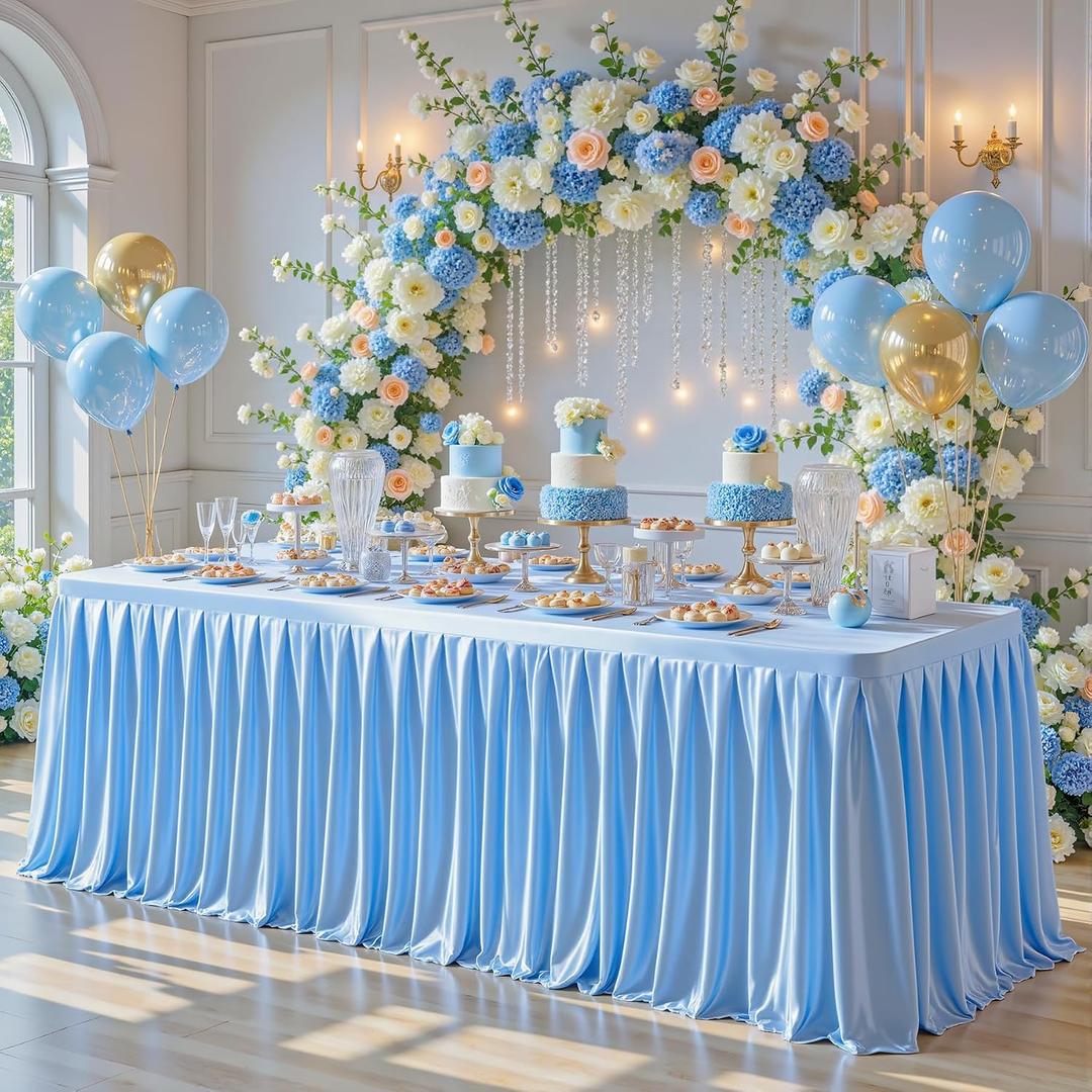 4FT Blue Satin Tablecloths for Rectangle Tables - Shiny Spandex Party Table Cover with Pleated Table Skirt, No-Wrinkle & Glossy Wedding Tablecloth One-Piece for Birthday Baby Shower Banquet Ceremony, S