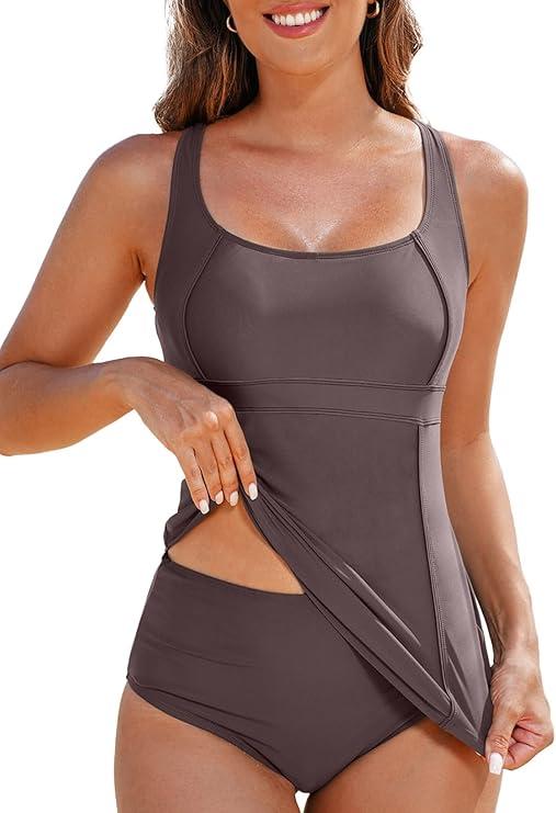 Aleumdr Women's Two Piece Tankini Swimsuits Modest Square Neck Bathing Suits Swim Tank Top with High Waisted Bottom (S)