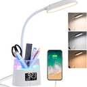 WILIT LED Desk Lamps for Home Office with Pen Holder, Table Lamp for Bedroom with USB Charging Port & Clock, RGB Night Light, Study Lamp for Kids Student, Desk Lamp for College Dorm Room Essentials (White)