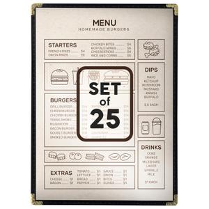 25 Restaurant Menu Covers 8.5'' x 11'', Double Stitched Single Pocket Menu Holder with Golden Corners, Clear Viewing Surfaces