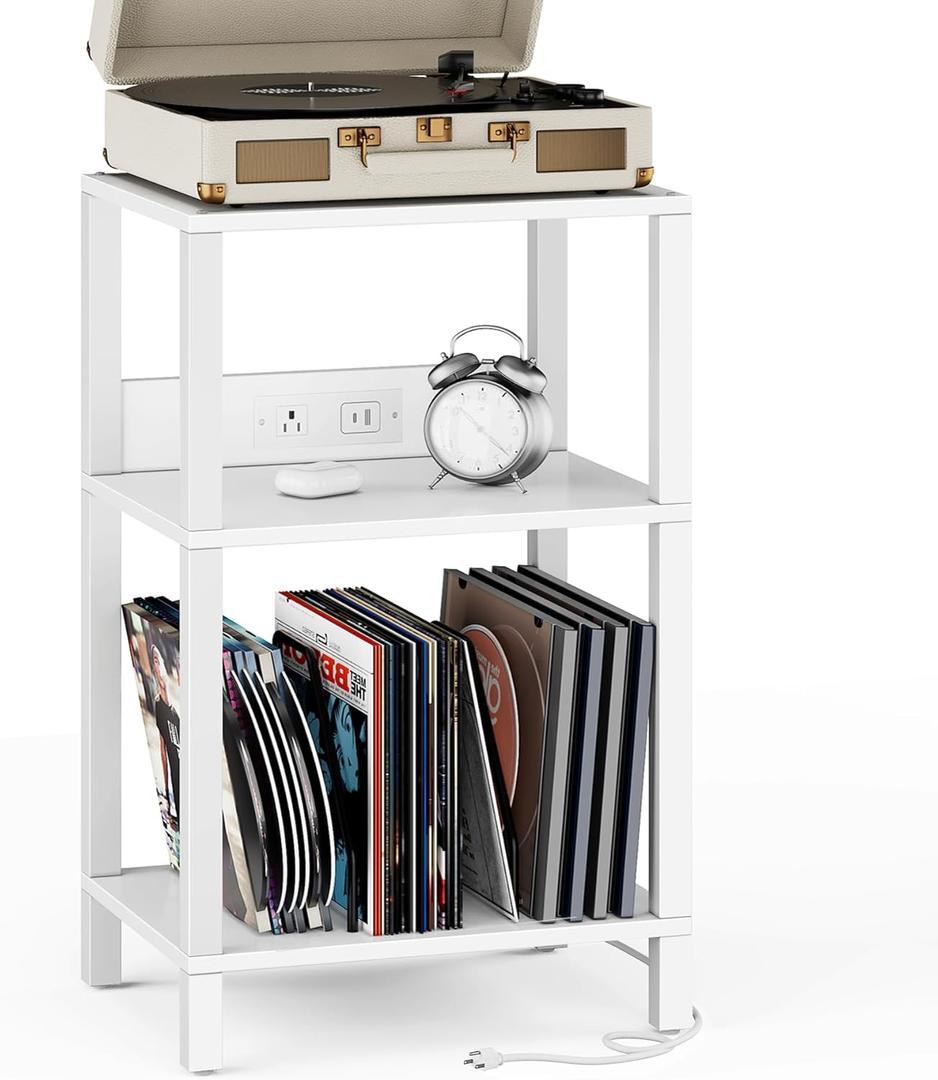 TUTOTAK Record Player Stand with Storage Up to 100 AlbumsRecord Storage Table,3 Tier End Table with Charging Station,Side Table for Living Room, Bedroom, White TB01BW076