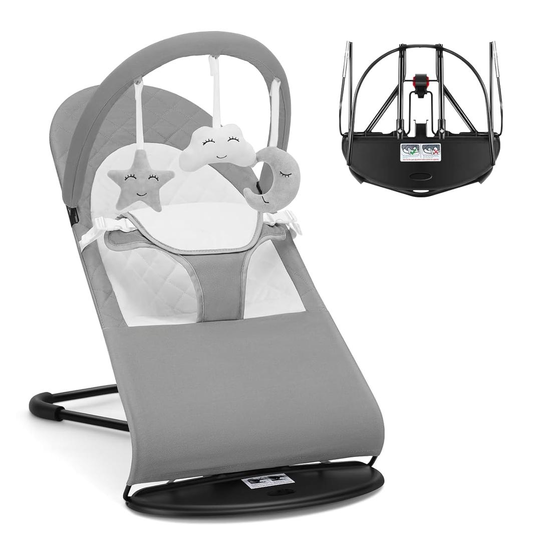 Ergonomic Baby Bouncer Seat - 100% Cotton Fabrics Portable Bouncing Chair with Adjustable Height Positions, Infant Rocker Chair with Hanging Toys-Light Grey