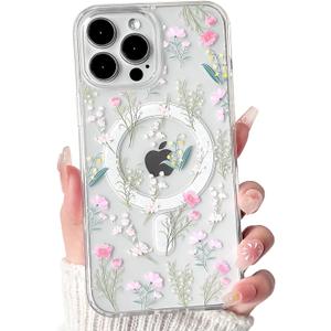 Lovmooful Magnetic Compatible for iPhone 15 Pro Max Case Compatible for MagSafe Cute Clear Flower Floral with Aesthetic Design for Girls Women Soft TPU+PC Shockproof Protective Girly-Many Flowers
