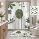 Inhousolu 4-Piece Shower Curtain Set with Bathroom Rugs, Water-Repellent Shower Curtain, Non-Slip Bath Mat, Toilet Lid Cover, U-Shaped Toilet Rug, 12 Hooks, 72 x 72 Inch, Leaves & Geometry