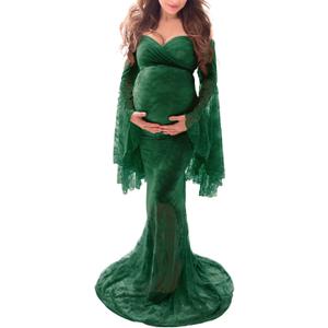 Saslax Off Shoulder Lace Maternity Dress for Photography Maxi Maternity Props Dresses for Photo Shoot Baby Shower (Green, Medium)
