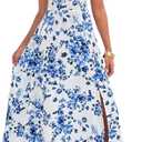 Girl's Floral Cami Maxi Dress Split Thigh Sleeveless Shirred Flowy Dresses (Blue and White)