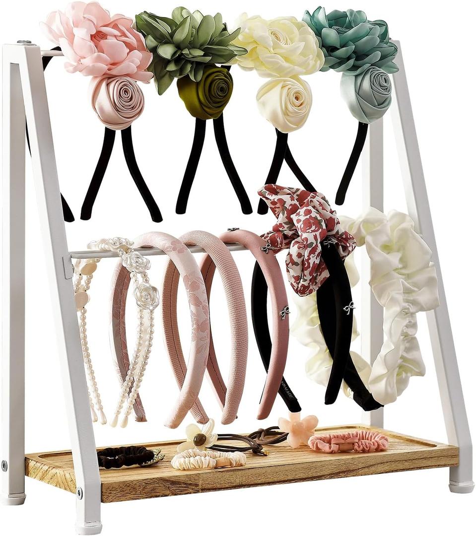 Headband Holder Organizer Metal 2-Tier Display Stand for Selling, Home Bedroom Headband Storage for Girls Women, Headband Stand Wood Base Can Store Hair Ties, White (White)