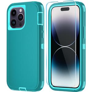 3 x Phone Case for iPhone 14 Pro Case with HD Screen Protector, Heavy Duty Shockproof & DustProof & Dropproof 3-Layer Cover Phone Case for iPhone 14 Pro (6.1'') (LakeSkyBlue)