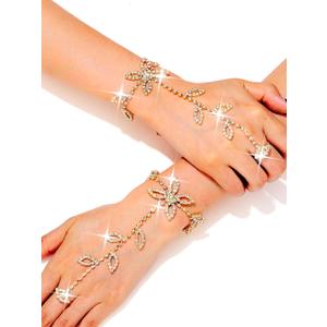 GORTIN Rhinestone Fingerless Gloves Silver Bride Wedding Glove Sparkle Crystal Bridal Hand Chain for Women (Free size, Gold)