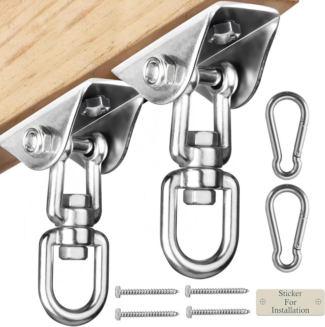Heavy Duty Swing Hangers for Wooden Sets 2000 LB Capacity Hammock Hanger 360 Swivel Stainless Steel Swing Hardware Accessories 2 Packs for Porch Playground Yoga Heavy Bag (Silver)