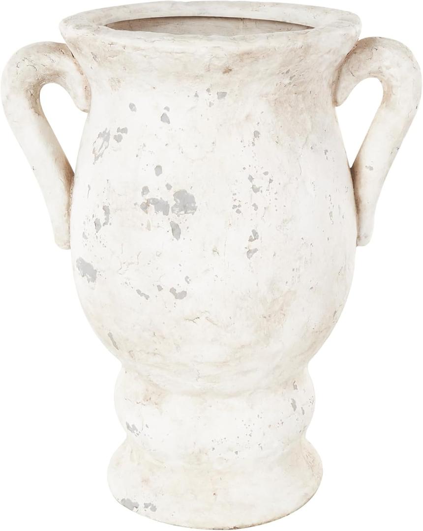 Deco 79 Ceramic Decorative Vase Antique Style Distressed Centerpiece Vase with Handles, Flower Vase for Home Decoration 14" x 11" x 18", Cream