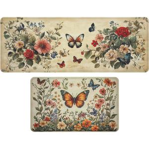 Butterfly Kitchen Rug 2 Piece Set Floral Garden Orange Flowers Art Kitchen Rugs and Mats Decor Kitchen Floor Mat Set Non-Skid Washable Kitchen Runner Rug 17x30+17x47 Inches