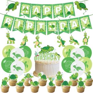 Cute Turtle Party Supplies - Birthday Banner, Hanging Swirls, Green Turtle Baby Cake Toppers, Balloons for Kids Animal Theme Baby Shower, Birthday Party Decors