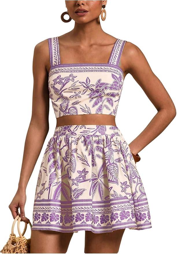 Floerns Women's Two Piece Outfit Tropical Crop Cami Top and Summer Skirts Set, Large
