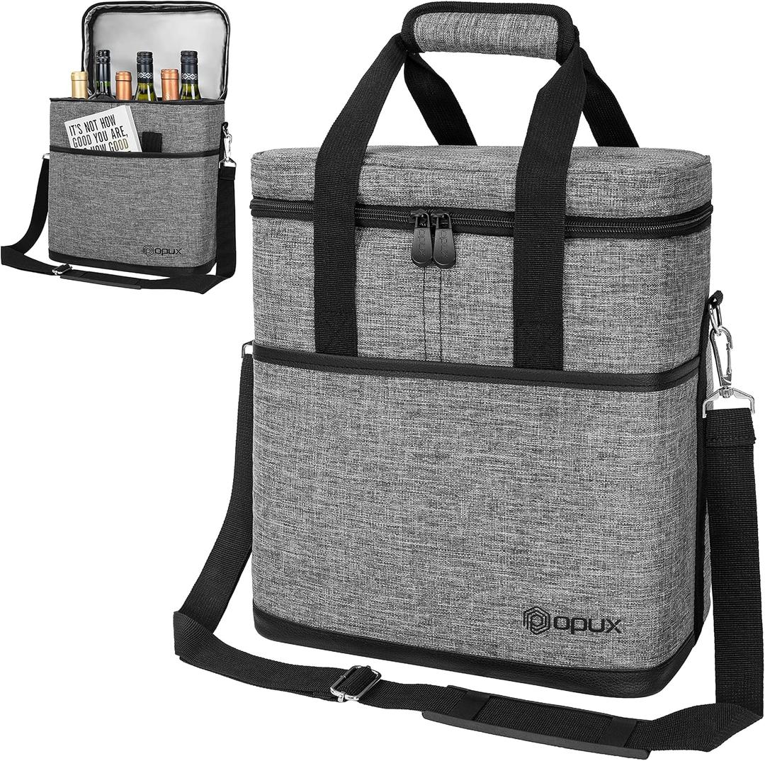 opux 6 Bottle Carrier Tote | Insulated Padded Wine Cooler Bag for Travel. Picnic, BYOB | Portable Leakproof Wine Tote Bag for Dinner, Party, Christmas, Wine Gift for Women, Men (Heather Gray)