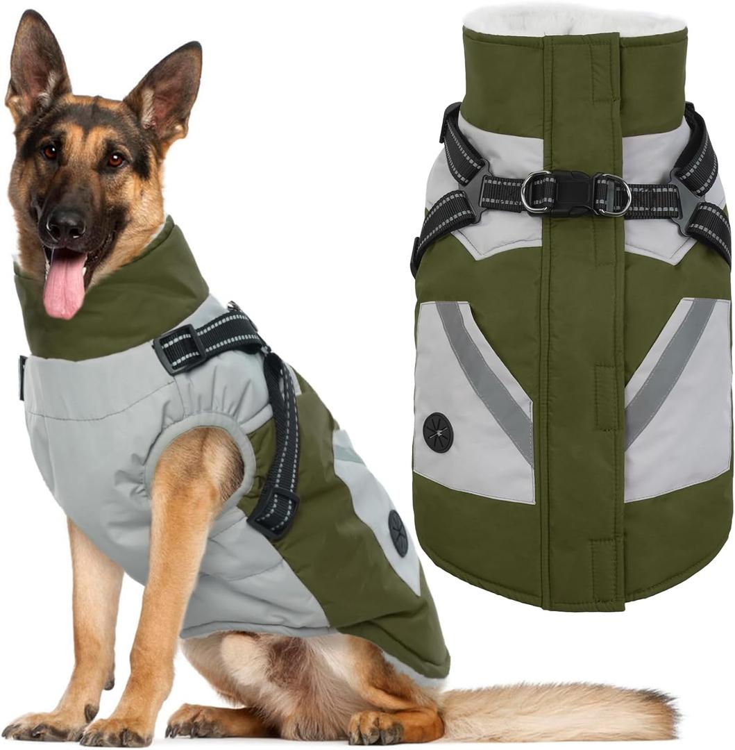 IECOii Dog Coat for Large Dogs Waterproof Dog Winter Jacket with Harness Built in, Green - XXLarge, Thermal Warm Fleece Lined, Reflective Dogs Jackets for Cold Weather Camping, Hiking, Pitbull